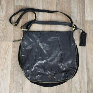 Fossil Black Leather Gwen Hobo Bag Expandable Crossbody Shoulder Purse